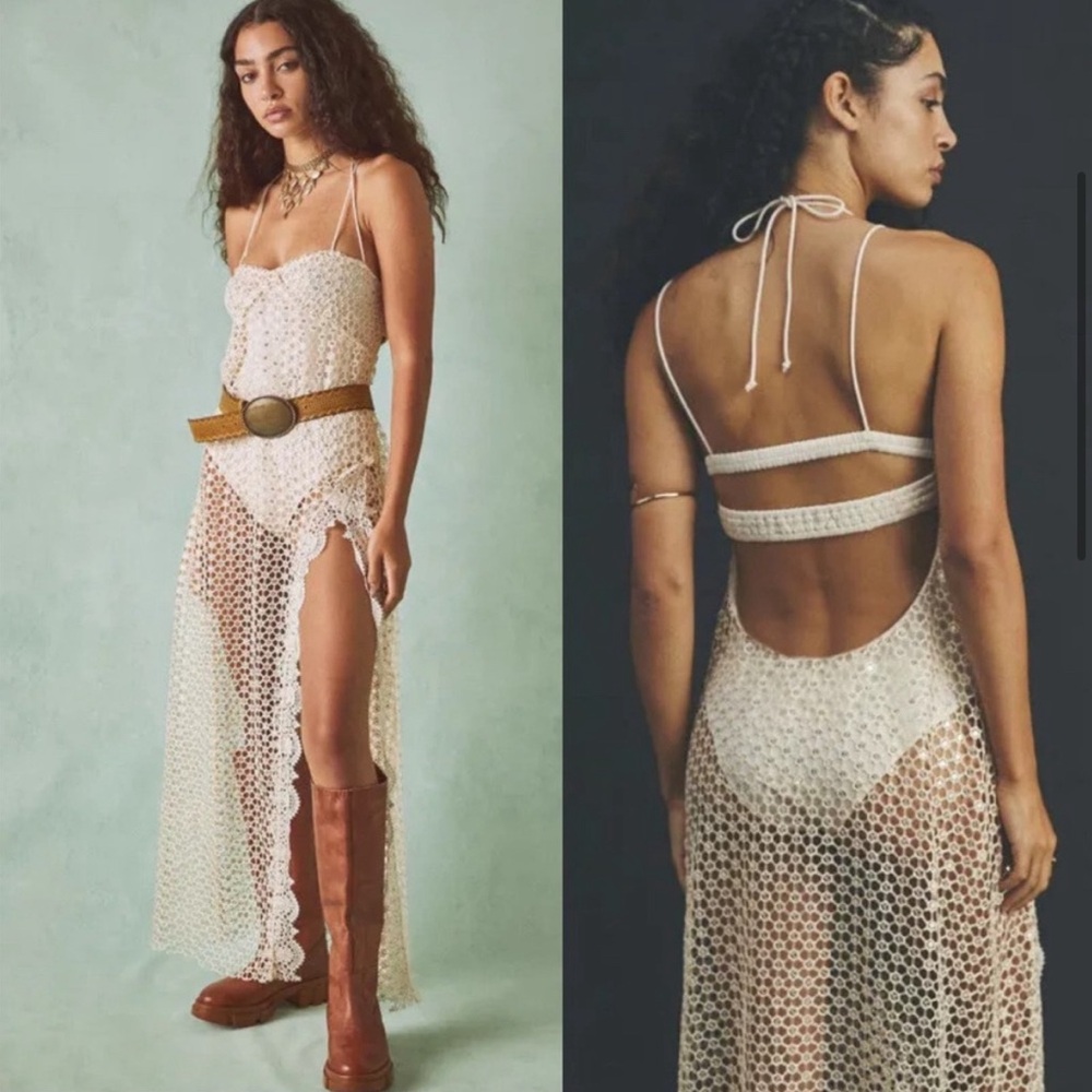 Free People Intimately Smoke & Mirrors Lace Overlay Bodysuit Champagne NEW Small